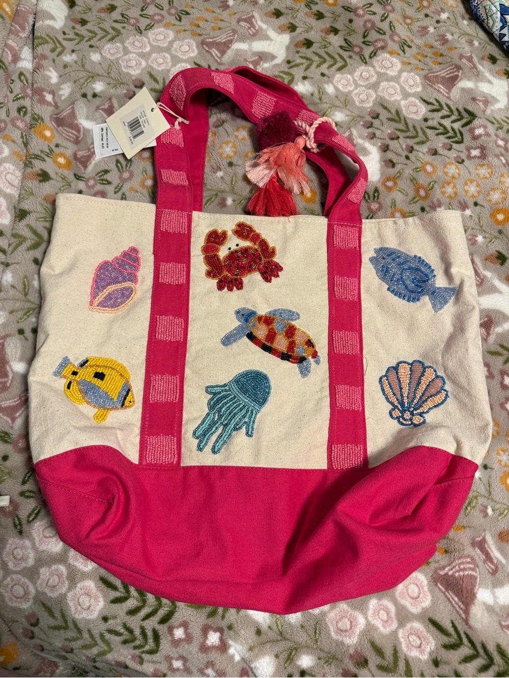 Canvas Sea Life Tote Bag - Pink and Natural